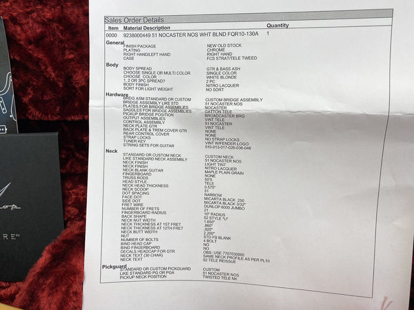 Custom 51 Nocaster NOS White Blonde Fender-style guitar build sheet detailing body, hardware, neck, and pickguard specifications for Coffee House Guitars.