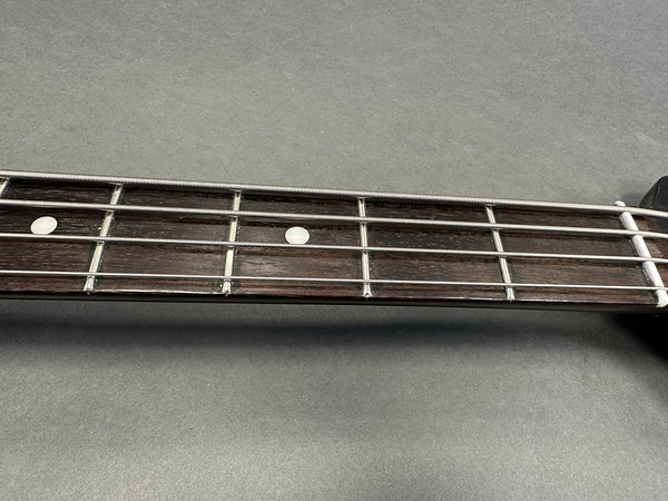 Close-up of dark wood guitar fretboard with four metal strings and white dot inlays on two fret positions against a gray background