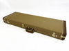 Closed brown tweed electric guitar hard case with brown leather handle and metal latches on white background