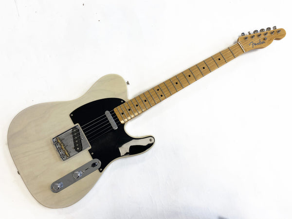 Fender Telecaster electric guitar with blonde finish, maple neck, black pickguard, and chrome hardware on white background