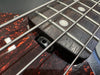 Close-up of bass guitar fretboard, metal frets, round fret markers, and thick wound strings over tortoiseshell pickguard.