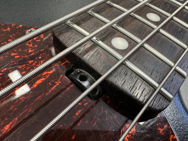 Close-up of bass guitar fretboard, metal frets, round fret markers, and thick wound strings over tortoiseshell pickguard.