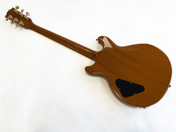 Back view of brown electric guitar with glossy finish and black backplate showing neck and body on white background