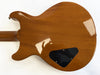 Back of solid body electric guitar with honey brown finish and black electronics cavity cover plate on white background