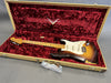 Vintage Fender Stratocaster electric guitar with sunburst finish in open tweed hard case with red plush interior at Coffee House Guitars