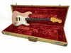 Pink Fender Stratocaster electric guitar with rosewood fretboard in vintage tweed hard case with red plush interior