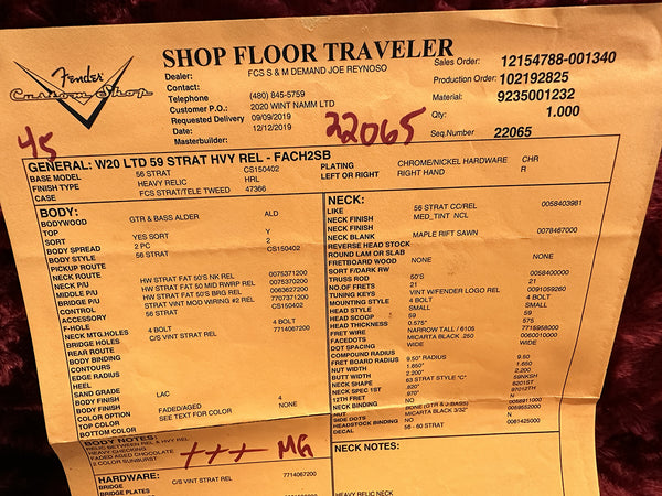 Fender Custom Shop Shop Floor Traveler document showing specifications for 2020 Limited 1959 Stratocaster Heavy Relic guitar with alder body, heavy relic finish, maple rift sawn neck, 21 frets, 4 bolt mounting, vintage style pickups and hardware, right-handed model.