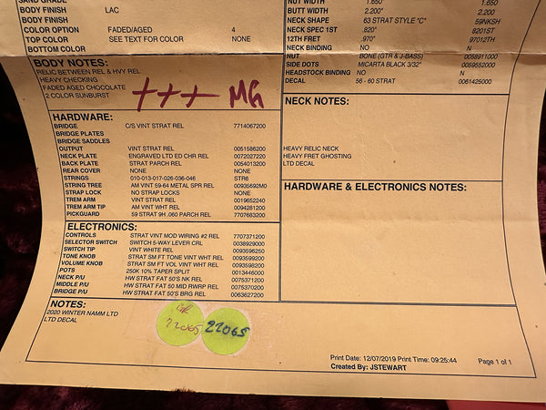 2020 Winter NAMM LTD guitar specification sheet detailing body finish, hardware including vintage strat relic bridge and saddles, electronics with strat vintage mod wiring and tone knobs, heavy relic neck with decal, and faded aged chocolate 2 color sunburst finish.