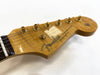 Close-up of natural wood Fender Stratocaster guitar headstock with gold tuning pegs and "Original Contour Body" decal on a white background
