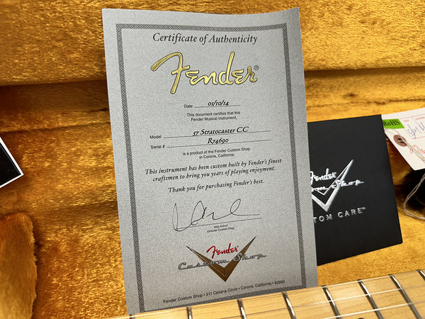 Fender Custom Shop Certificate of Authenticity for 57 Stratocaster CC guitar dated 01/10/14 inside guitar case with signed document and Custom Shop logo