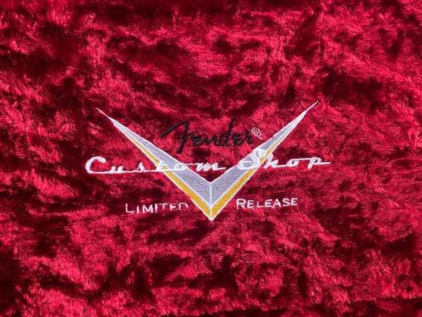 Fender Custom Shop Limited Release embroidered logo on red plush guitar case interior lining