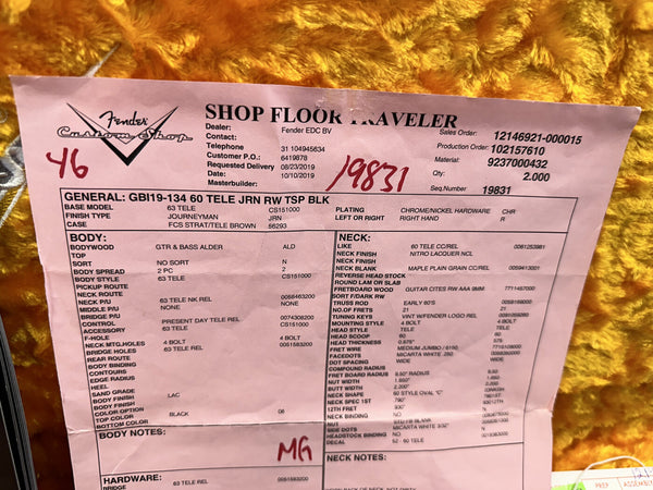 Fender Custom Shop Journeyman 63 Telecaster guitar specification sheet with detailed model, body, neck, and hardware information on a yellow textured background