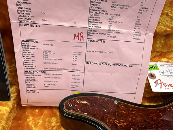 Fender 1960 Telecaster guitar detailed specification sheet showing 63 Tele Rel bridge, vintage Tele output, 60 Tele tort shell nitro relieve pickguard, present day Tele Rel controls, 63 Tele neck pickup, black lacquer body finish with tortoise shell pickguard close-up.