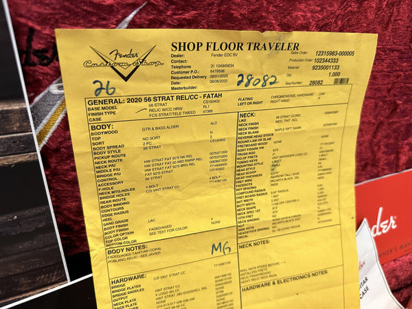 Fender Custom Shop Shop Floor Traveler guitar specification sheet for 2020 56 Strat Rel CC Fatah model with alder body, faded aged tahitian coral finish, relic hardware, vintage style pickups, maple neck with medium tint, and chrome nickel hardware