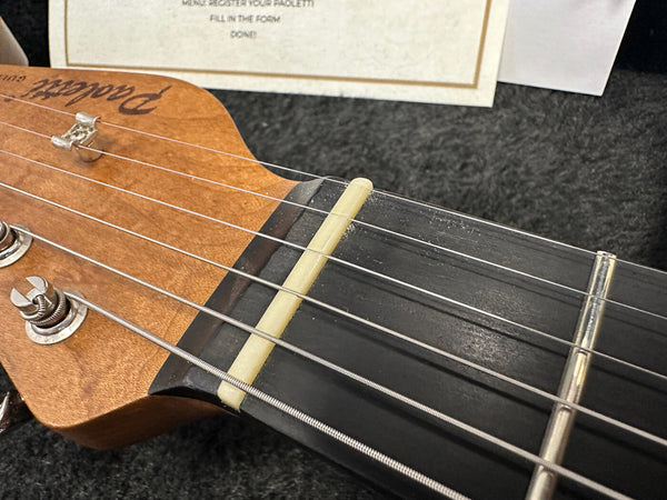 Close-up of Prodipe guitar headstock and nut with tuning pegs and steel strings on dark fingerboard