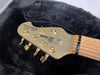 Sterling by Music Man Albert Lee guitar headstock with gold sparkle finish and gold tuning pegs in black plush guitar case