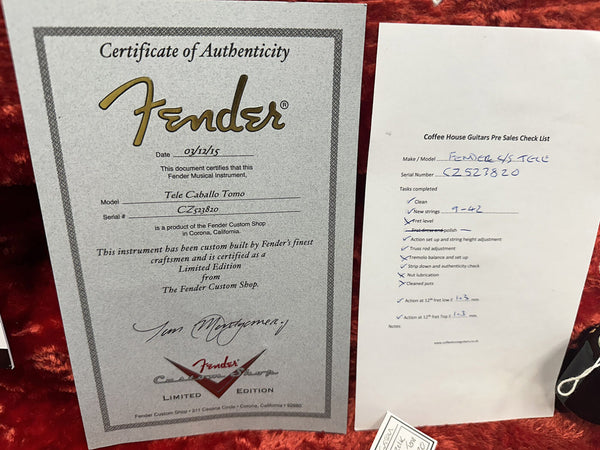 Fender Custom Shop Certificate of Authenticity for Tele Caballo Tomo model with serial number CZ523820 and Coffee House Guitars pre sales checklist for Fender 45 Tele with serial number CZ523820 detailing completed maintenance tasks.