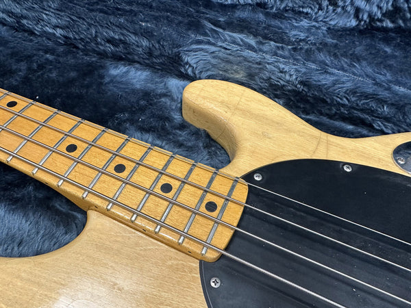 Close-up of vintage natural wood bass guitar neck and black pickguard on blue plush case interior