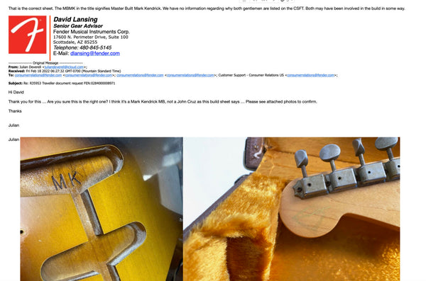 Close-up of guitar neck pocket with "MK" initials stamped, showing detailed wood finish and vintage sunburst color.