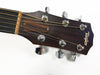 Close-up of Taylor acoustic guitar headstock with six tuning pegs and steel strings on white background