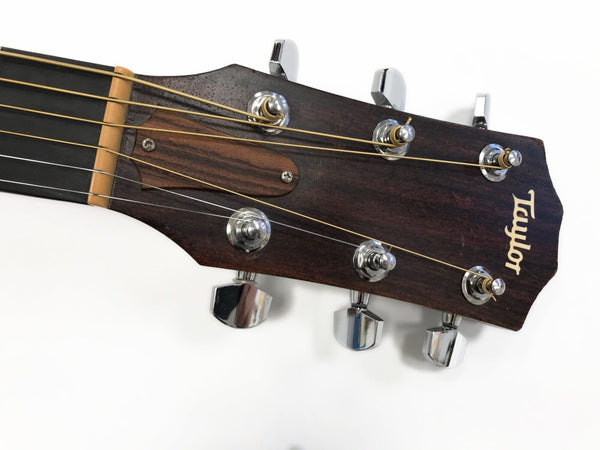 Close-up of Taylor acoustic guitar headstock with six tuning pegs and steel strings on white background