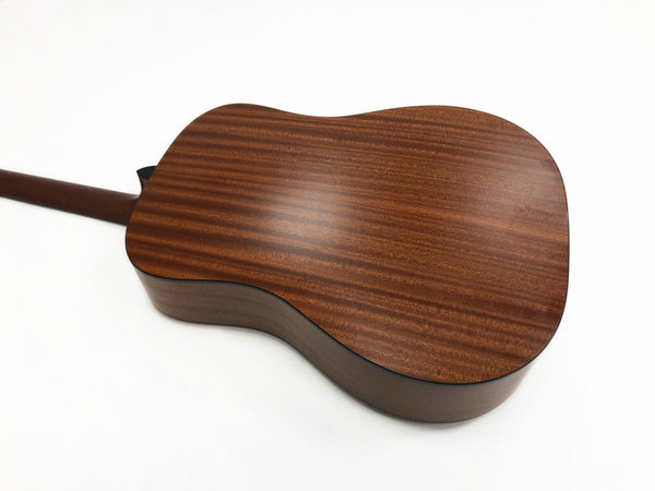 Back view of acoustic guitar with rich brown wood grain finish and smooth polished surface on white background