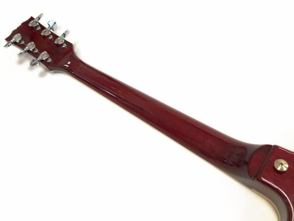 Back view of guitar neck with six chrome tuning pegs on glossy dark red wood finish