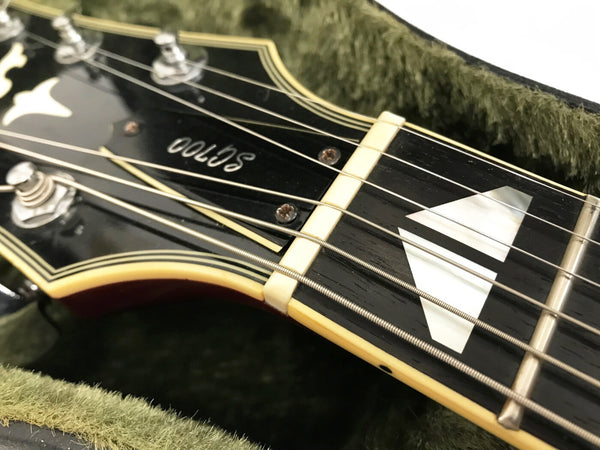 Close-up of guitar headstock with SG1000 model name and pearl inlay, showing nut, strings, and tuning pegs in guitar case with green plush lining